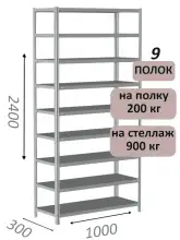 Стеллаж металлический полочный МС-900 2400х1000х300, 9 полок, светло-серый